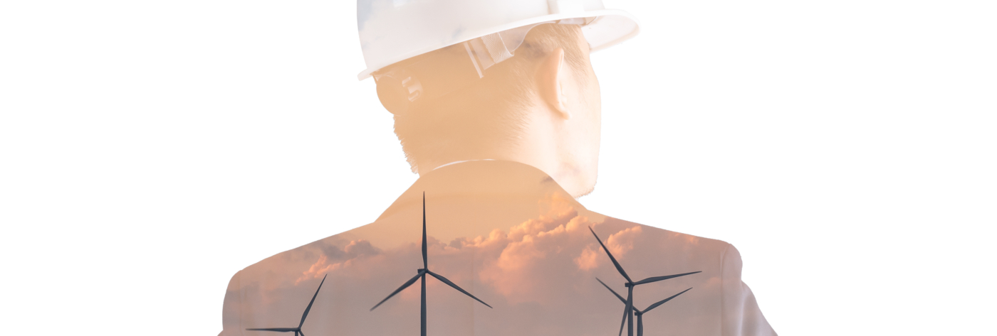 The double exposure image of the engineer standing back during sunrise overlay with wind turbine image. The concept of engineering, power, electricity, environment and future.